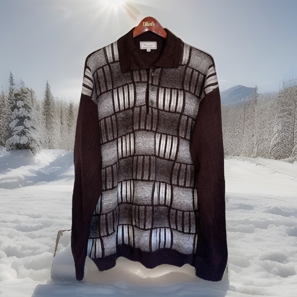 Bergati Sweater Men 4XL‎ Mocha Brown Geometric Long Sleeve Polo